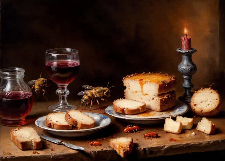 (oil painting by Rembrandt:0.9), 16k, one bee on a wine glass by the fireplace, a trail of red ants, messy half-eaten food and rotted meat, old rusty knife, decaying bread, rotten cheese, (intricate detail:1.2), subsurface scattering, artistic hyperrealism, old rotten food, melted cheese, theme of decay, (artistic masterpiece:1.1), still-life scene, very proportional, medieval kitchen table with small bugs, fireplace background, psychedelic art, (detailed realism:1.2), rule of thirds, (grit:1.2), rust, stains, by old dutch masters, <lora:__more_art-full_v1:0.45>, <lora:add-detail-xl:0.5>, <lora:__sd_xl_offset_example-lora_1.0:0.7>, <lora:MindWarp:0.5>, <lora:Grit-SDXL:0.25>