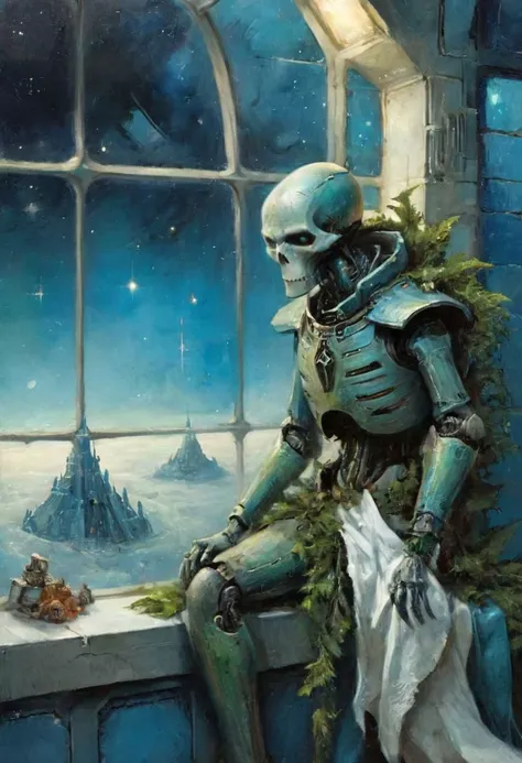 Xmas theme, Super Closeup Portrait, Surreal Harmony, Jean-Baptiste Monge Style page, a Vibrant neon Space Scene: festive necrons infront of huge blue Window to Outer space with a glimpse of Green in the far, Clean Spaceship, wide White Floor tiles, trist Look,
