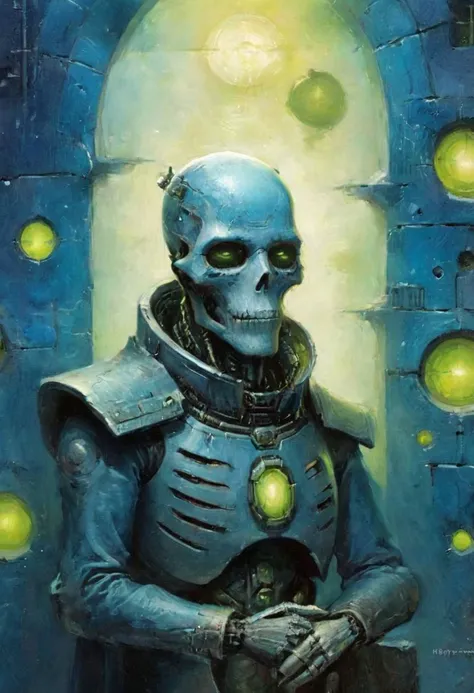 Xmas theme, Super Closeup Portrait, Surreal Harmony, Jean-Baptiste Monge Style page, a Vibrant neon Space Scene: festive necrons infront of huge blue Window to Outer space with a glimpse of Green in the far, Clean Spaceship, wide White Floor tiles, trist Look,