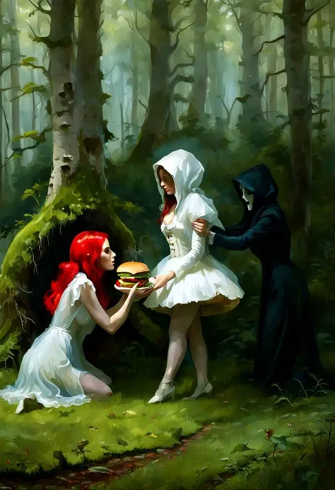 Strange things, Closeup, beautiful mushroom fly agaric Girl offering poison burger to another dressed woman, Overgrown Moss Leotard, Moss stockings, blushed Smile, kneeling in deep Grass in birch wood, Overgrown, Grass and Moss, large translucent aether Grim reaper sheme Ghost in Background Forrest, Mystic forest, Hd, very Detailed, seducing offering Herself, awesome Quality, luminescent, translucent, Ethereal, vibrant,