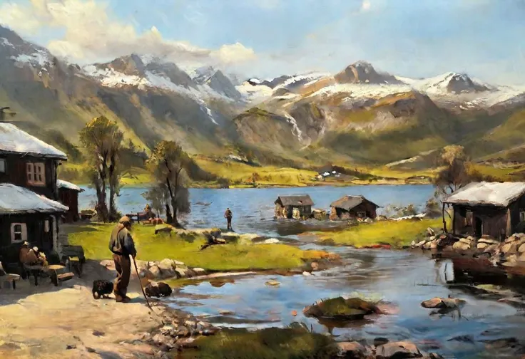 woodhouse nearby a lake, mountains, some animals,critters,some villagers,old man fishing,vegetation, snow cover, sunny day in Norway,(realism style art)),beautiful landscape, masterpiece, detailed oil paint, (oil on canvas style)