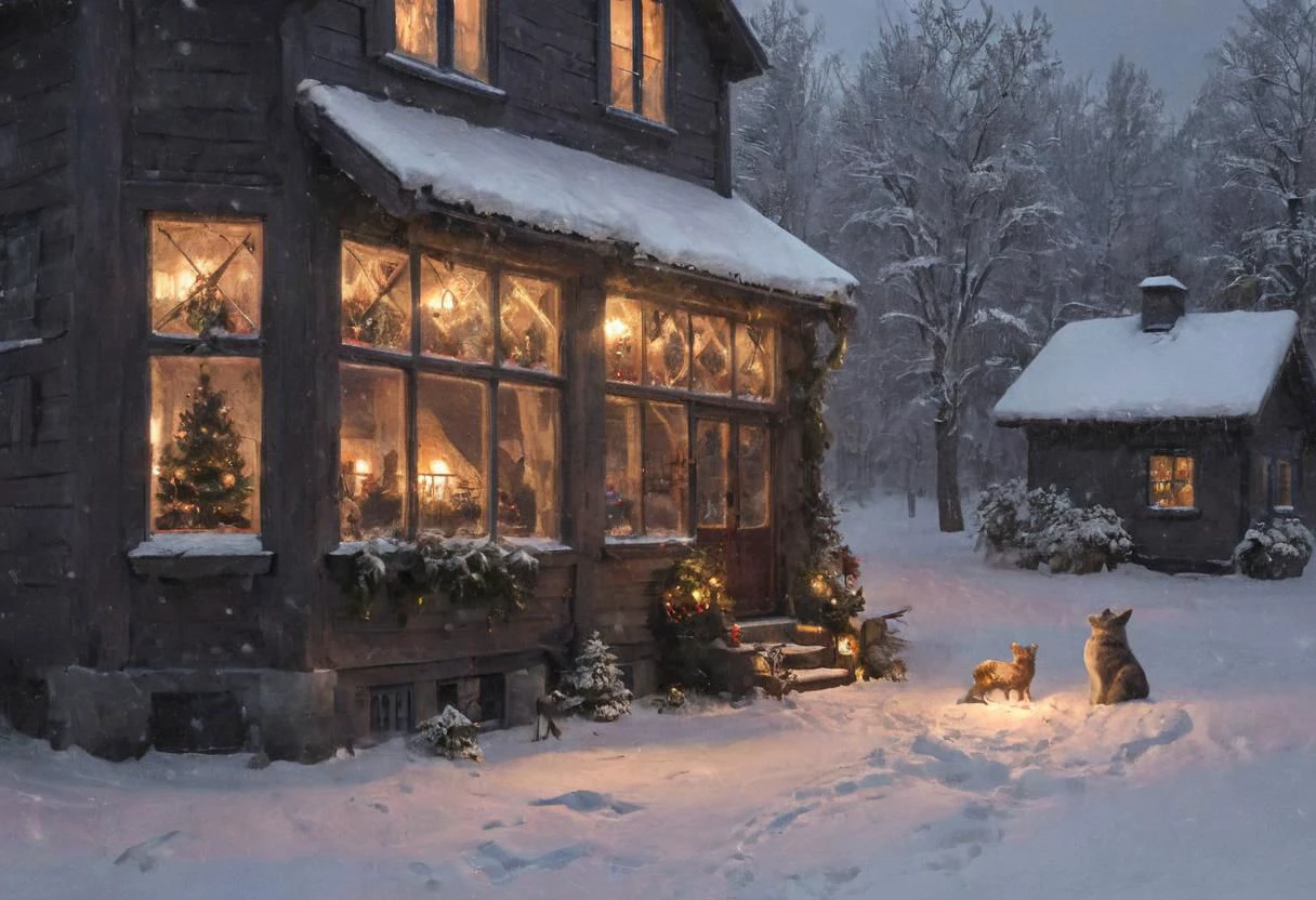 Gloomy somber dark Night Xmas, Backside of a scandinavian 1900 House, cinematic View, Masterpiece, wooden Front, festive lighted Windows, snow, firns, cute animals of the forest sitting in snow and cheering looking to the Christmas Window, Xmas Spirit, warm welcoming light,