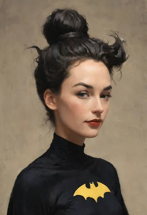 Create a captivating portrait with the lineart from Herg of a woman disguised as Batman with a meticulously styled hair bun, expressive doe eyes radiating with joy, a radiant smile capturing the essence of a sunny day, and delicate freckles scattered like stardust across her nose.