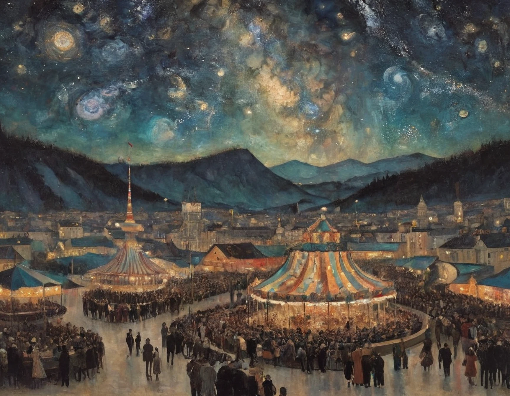Surreal carnival under the mesmerizing milky way by Gustav Klimt.