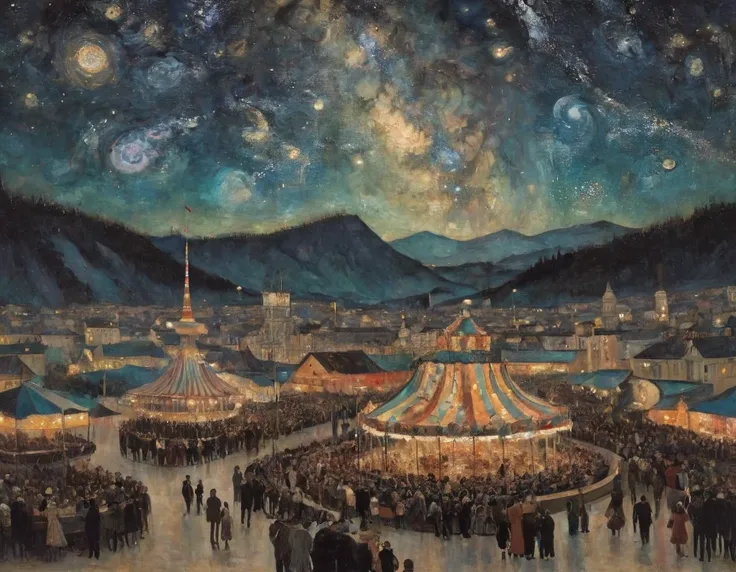 Surreal carnival under the mesmerizing milky way by Gustav Klimt.