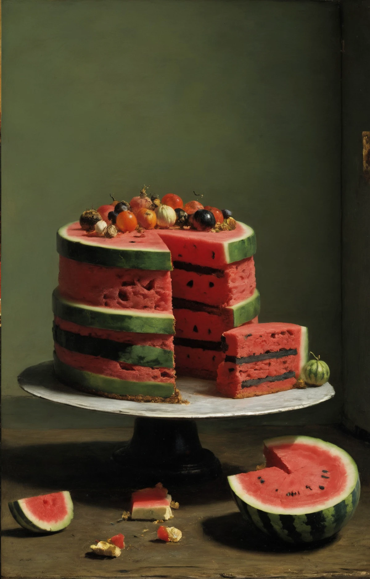surrealism masterpiece, soft pastel-hued colors, a watermelon cake, high quality, by Gustave Courbet and Thomas Eakins