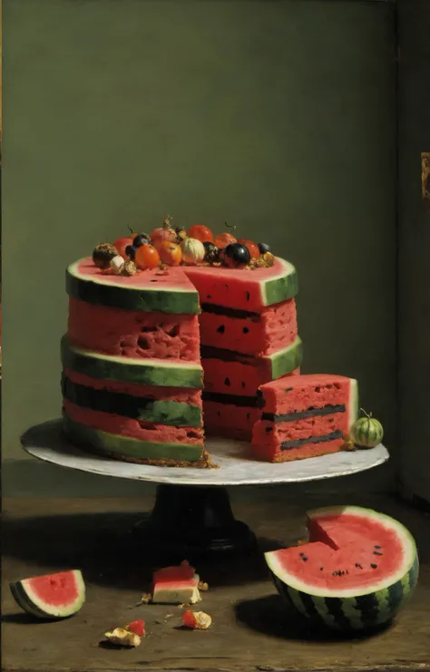 surrealism masterpiece, soft pastel-hued colors, a watermelon cake, high quality, by Gustave Courbet and Thomas Eakins