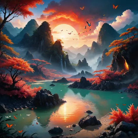 dangerous (hiking trail) up to a mountain volcano paradise, natural bridge, lava flow, rock archway, tall arches, cliff, waterfall, extremely tall mountains, (huge trees), geyser, ash, steam, still lagoon, birds, sand, submerged vivid coral, pyroclastic lighting, koi, butterflies, carnivorous flora, embedding:xlmrblng15-1300,
autumn, triadic colors, swirling clouds, reflections, low mist,
4K, bloom, acrylic painting, ominous, jiangnan,
by Max Rive, by Peter Holme III,