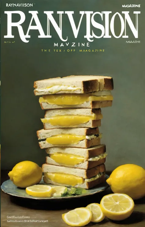(RaynaEnvision magazine cover with the text RaynaEnvision:2), surrealism masterpiece, soft pastel-hued colors, a lemon sandwich made of bread, high quality, by Gustave Courbet and Thomas Eakins
