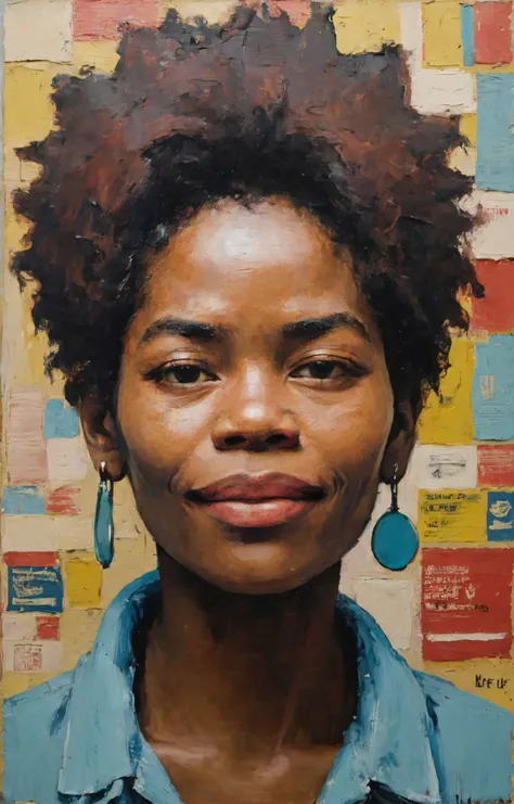 soft pastel-hued colors, (impasto, visible brush strokes:2), a Malawian woman [with a coy smile::0.45], high quality, by Jean-Michel Basquiat and Shepard Fairey
