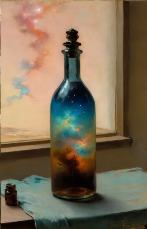 surrealism masterpiece, soft pastel-hued colors, a nebula in a bottle, high quality, by John Singer Sargent and Degas