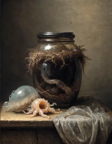 Shroud-covered nest with a jar of jellyfish by Rembrandt.