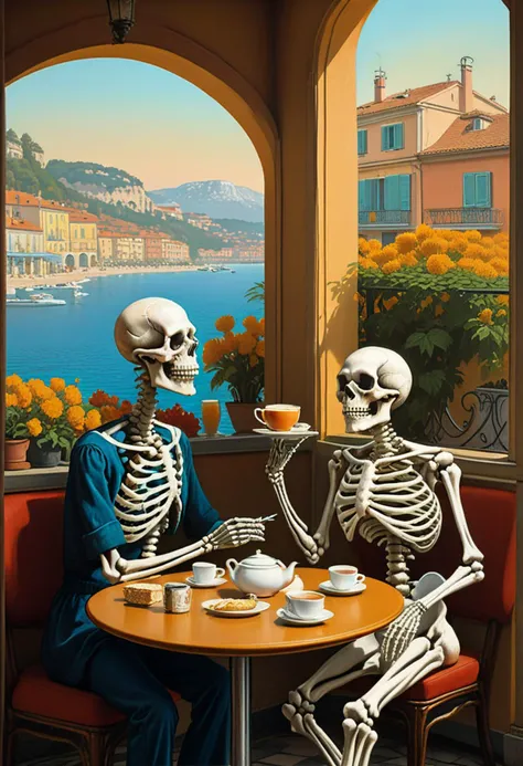 classic painting of two skeletons having tea at a café by the French Riviera, cigarette, by Jacek Yerka, by Max Rive, poster, digital illustration,