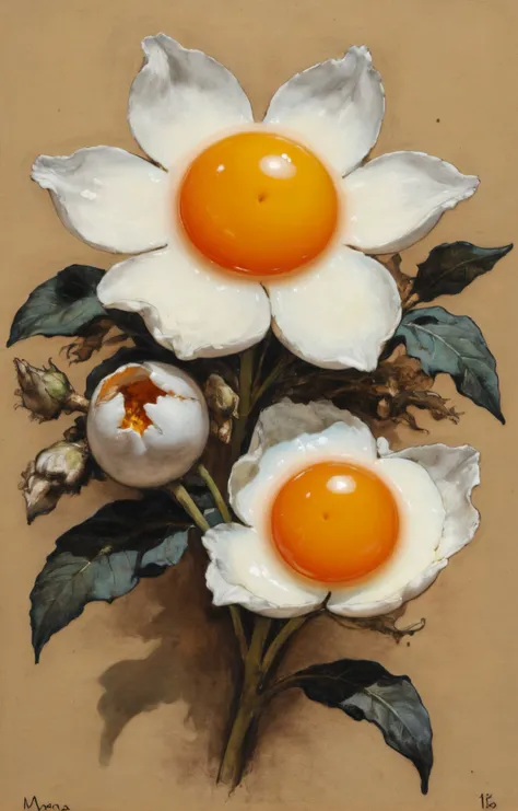 surrealism, soft pastel-hued colors, a fried egg blossoming flower, high quality, (pencil and ink sketch:2) by Milo Manara and Caravaggio