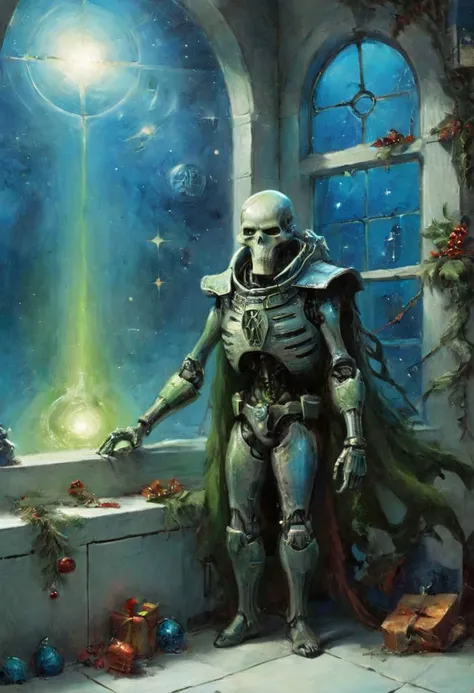 Xmas theme, Super Closeup Portrait, Surreal Harmony, Jean-Baptiste Monge Style page, a Vibrant neon Space Scene: festive necrons infront of huge blue Window to Outer space with a glimpse of Green in the far, Clean Spaceship, wide White Floor tiles, trist Look,