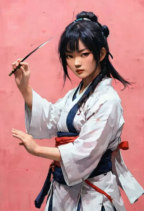 neon-pastel, NewTokyoWoodblock, minimal, Super Close Up Portrait, fighting Pose, Fighting stance, Arms Up, Simple color Palette, Hd, very Detailed, awesome Quality, reflecting, luminescent, translucent, aura, Busty Himura Kenshin Kimono, feudal Ninja, Katsuhiro Otomo Style, White raiden Like Outfit, China Bamboo hat, Bruce Lees iconic posing fighting frame, fists up, feudal dojo