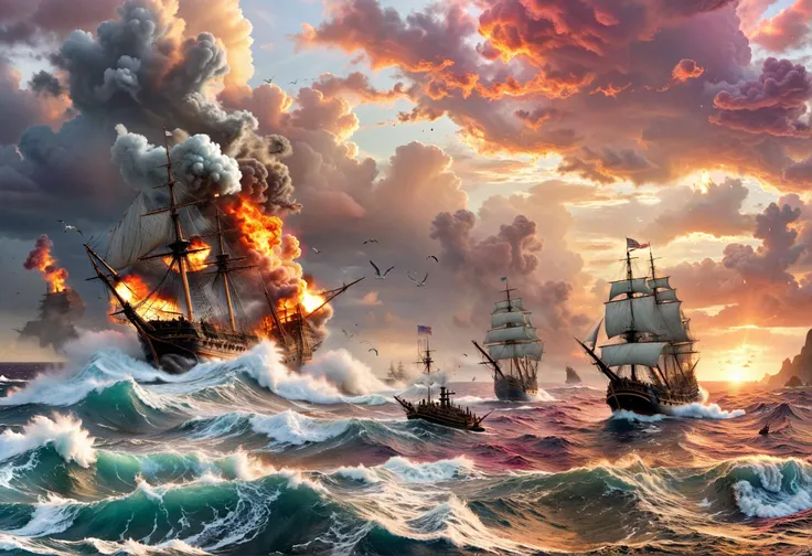 a naval battle between galleon tall ships in stormy open seas, cannon fire broadside, sinking ships, burning ship in distance, cannonball projectiles with long smoke trails, battle damage and debris, smoke, huge waves, dark cumulonimbus clouds, wind, seagulls, tentacle emerging from the deep, hurricane, rainbow fireball, meteor about to impact on a small island, flotsam magenta sunset, twilight, moody lighting, vivid colors, xlmrblng15-1300, 4k