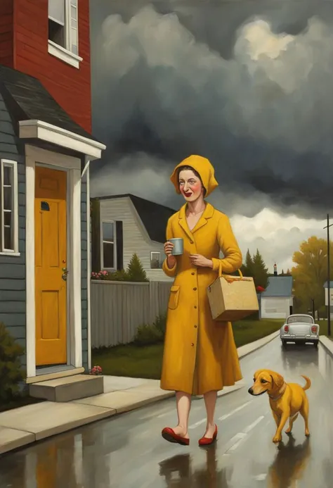 the happy neighbour never has problems, she's like a walkin sunshine in golden attire on a dark cloudy stormy day,, by Fred Calleri