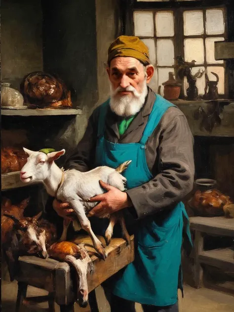 The butcher in his workplace is holding a goat, oil paint,in the style of hermann kern,figurative