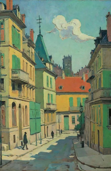a deserted city with neat houses and clean streets. Clear weather and bright colors evoke a feeling of midday terror. style of Cuno Amiet, detailxl