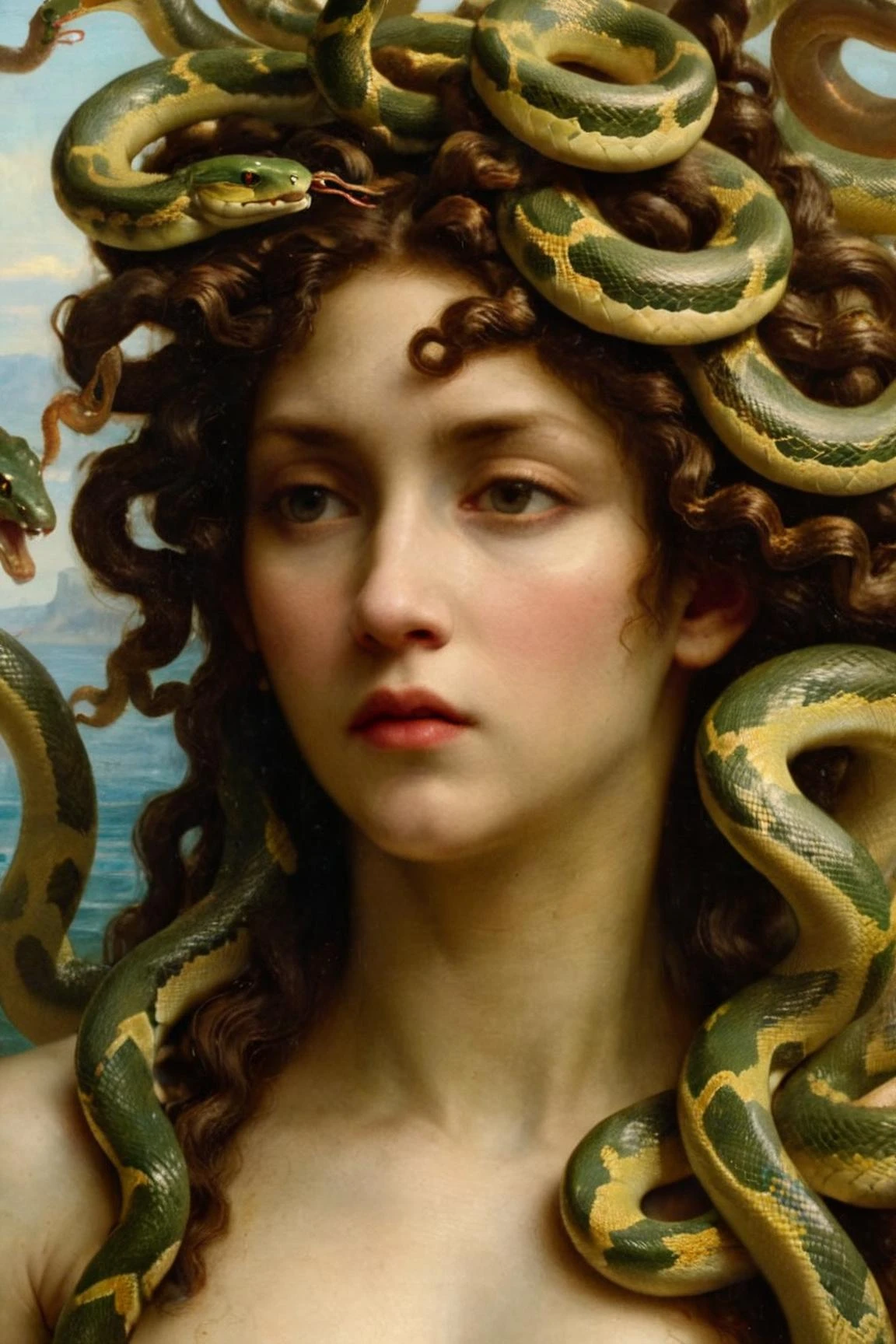 close up, masterpiece, a scene of medusa staring at the viewer(((head hair made entirely of snakes))) ((medusas hair is entirely made of snakes))