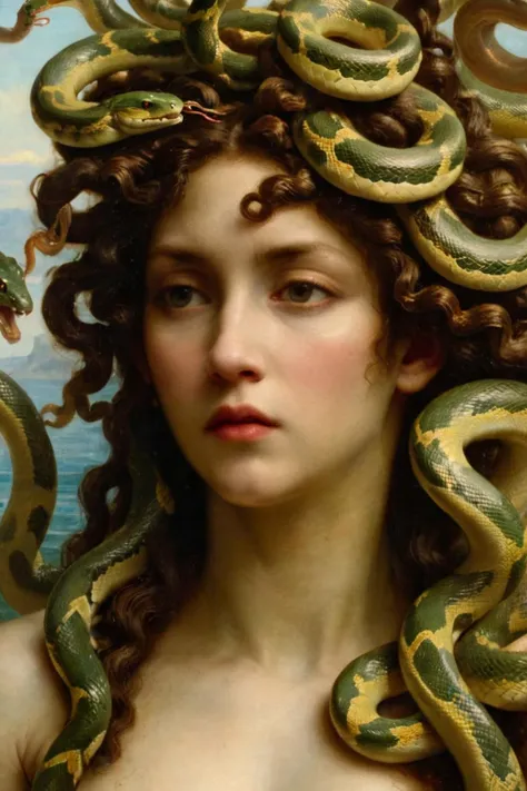 close up,  masterpiece,  a scene of medusa staring at the viewer(((head hair made entirely of snakes))) ((medusas hair is entirely made of snakes))