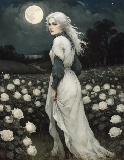 White hair,  field of white roses,  30 year old woman,  small smile,  moonlight,  Arthur Rackham