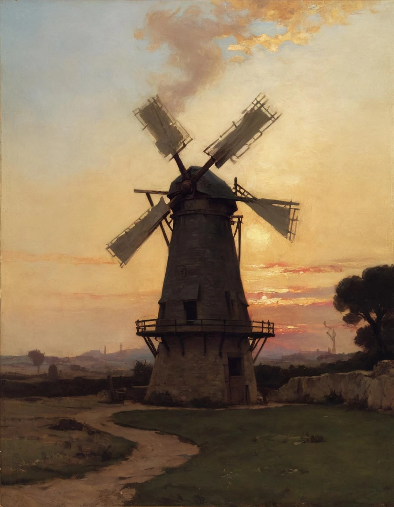 Burning Windmill under Dappled Light by John William Waterhouse