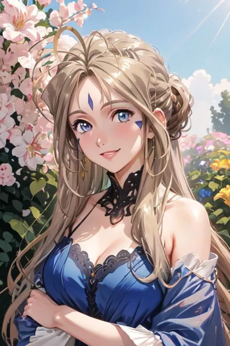 Belldandy, smile, large breasts, blue dress, golden trim, outdoors, day, garden, flowers, blue sky, shiny clothes, (high resolution), 4k wallpaper, super fine illustration, (masterpiece), detailed eyes, detailed face