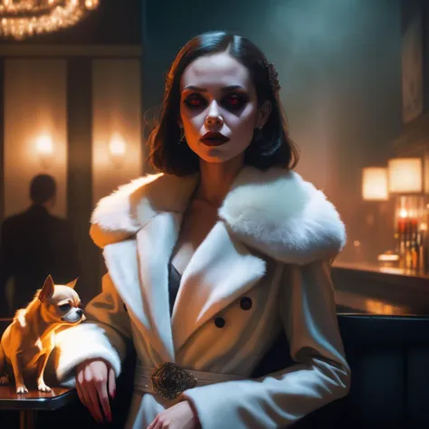 VtmArt, painting, closeup portrait of a pale girl with glowing eyes and fangs in classy dress and furcoat holding a chihuaha dog in an upscale lounge bar, <lora:VtmArt:1>, (masterpiece:1.3), at night, cinematic lighting, foggy, haze, lens flare