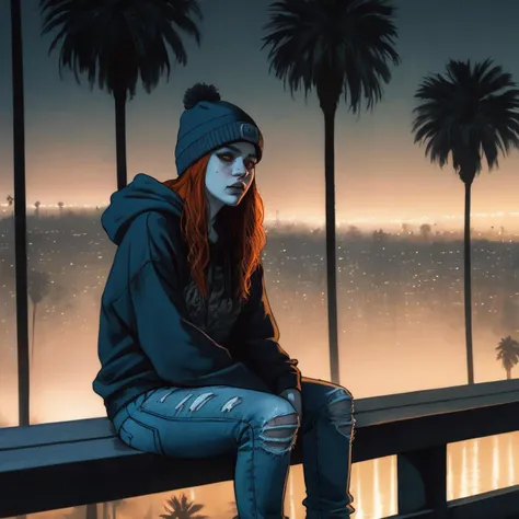 VtmArt, drawing of a ginger haired girl with glowing eyes and fangs wearing a beanie and grunge hoodie and jeans sitting on bench in front of a railing in los angeles,. palm trees in background, melancholy, fog, <lora:VtmArt:1>, (masterpiece:1.3), at night, cinematic lighting, intricately detailed, high quality, dramatic atmosphere