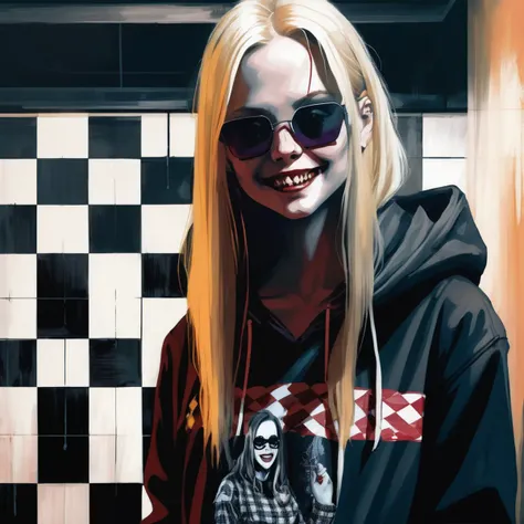 VtmArt, painting of a cute blonde haired pale skinned girl wearing a grunge hoodie with a creepy fanged smile in a coat with long hair and sunglasses standing in a dark room with a checkerboard floor, <lora:VtmArt:1.2>, (masterpiece:1.3)