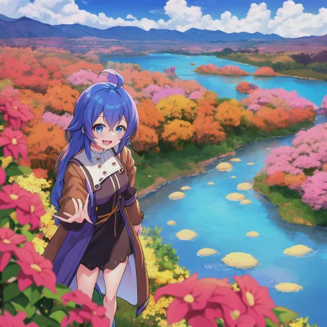 roxy migurdia, 1girl, ahoge, blue hair, bangs, brown coat, crossed bangs, hair between eyes, long hair, long sleeves, standing to the right, looking at viewer, open mouth, blue eyes, smile, solo, standing, nearby river, beautiful scenery, flowers, clouds, absurdres, highres, omagacchu, mushoku tensei <lora:roxyMigurdiaLora_offset:1>