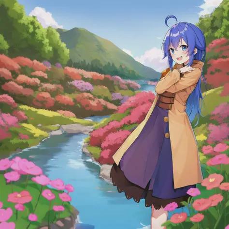 roxy migurdia, 1girl, ahoge, blue hair, bangs, brown coat, crossed bangs, hair between eyes, long hair, long sleeves, standing to the right, looking at viewer, open mouth, blue eyes, smile, solo, standing, nearby river, beautiful scenery, flowers, clouds, absurdres, highres, omagacchu, mushoku tensei <lora:roxyMigurdiaLora_offset:1>