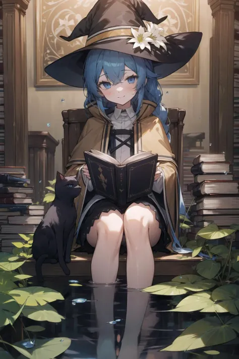 ((masterpiece,best quality)), best quality,  official wallpaper, extremely detailed CG unity 8k wallpaper,  colorful picture,  looking at viewer, water drop, ((library)),
 (1 girl with a black cat sit around her), solo, sitting, soaking feet, smile, reading book,  
bangs, black headwear, blue eyes, blue hair, braid, brown cape, floating hair, hair between eyes, portrait,  magic, witch hat, skirt,  plant, lily flower,  leaf, branch,
<lora:roxy_migurdia_offset:1>, <lora:add_detail:0.5>,   <lora:[LoConLoRA] pseudo-daylightå½æ¥å Concept:1.0>