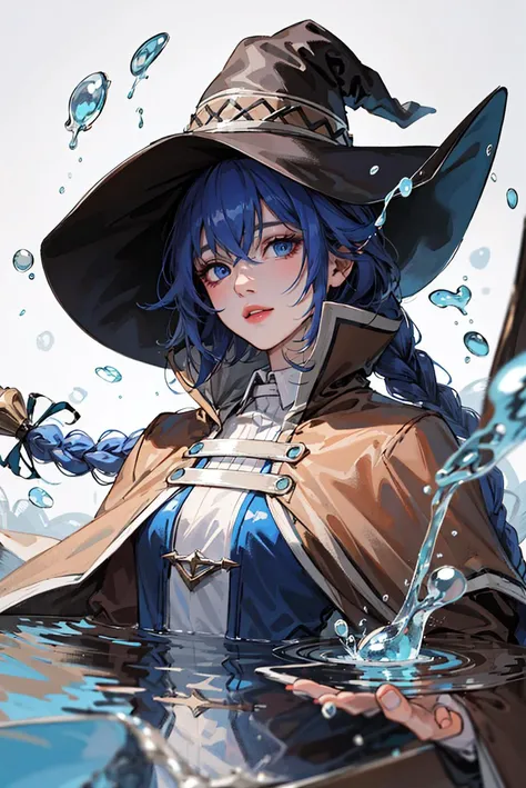 Woman, Mage, short dark blue hair, badass magician clothes, mage hat, elemental master