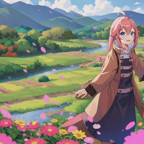 roxy migurdia, 1girl, ahoge, pink hair, bangs, brown coat, brown witch hat, crossed bangs, hair between eyes, long hair, long sleeves, standing to the right, looking at viewer, open mouth, blue eyes, smile, solo, standing, nearby river, beautiful scenery, flowers, clouds, absurdres, highres, omagacchu, mushoku tensei <lora:roxyMigurdiaLora_offset:1>