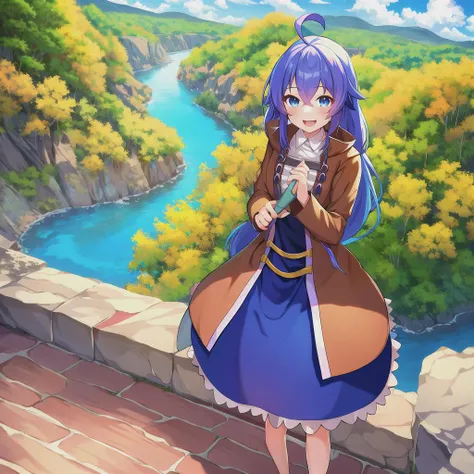roxy migurdia, 1girl, ahoge, blue hair, bangs, brown coat, crossed bangs, hair between eyes, long hair, long sleeves, standing to the right, looking at viewer, open mouth, blue eyes, smile, solo, standing, nearby river, beautiful scenery, flowers, clouds, absurdres, highres, omagacchu, mushoku tensei <lora:roxyMigurdiaLora_offset:1>