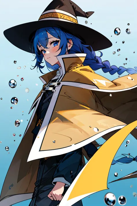 masterpiece, best quality BREAK roxy migurdia, 1girl, bangs, black headwear, blue eyes, blue hair, braid, brown cape, cape, floating hair, hair between eyes, hat, long hair, looking at viewer, solo, water drop, witch hat, blue light, <lora:Roxy Migurdia:1>