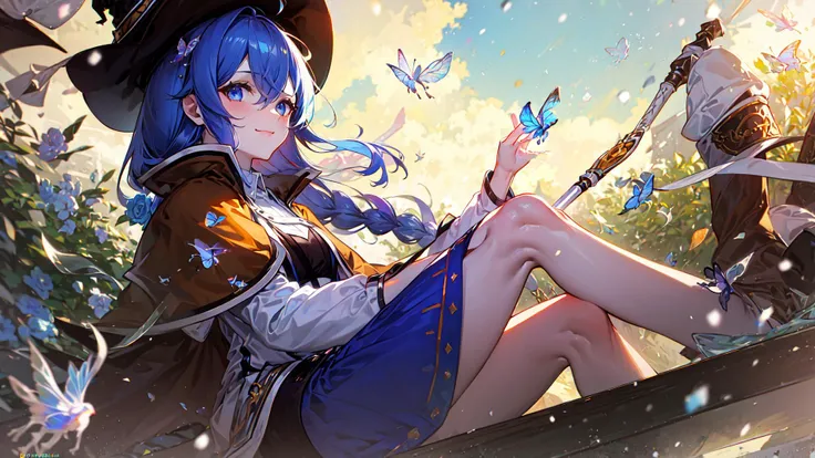 (best quality:1.3),(masterpiece:1.1),(illustration:1.2),(ultra-detailed:1.2),beautiful detailed eyes, (Extremely detailed background:1.1), shine,bokeh,snow,floating ice,spring water,forest,flowers,butterflies,(1girl:1.3),(solo:1.3),sitting, roxy migurdia, bangs,brown cape,, black headwear, blue eyes, blue hair, braid, floating hair, hair between eyes, long hair, witch hat,smile<lora:WatervfxCreateMore_v1:0.7> <lora:roxyMigurdiaLora_offset:1>