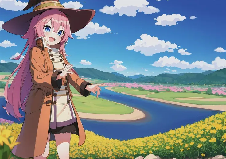 roxy migurdia, 1girl, pink hair, bangs, brown coat, brown witch hat, crossed bangs, hair between eyes, long hair, long sleeves, standing to the right, looking at viewer, open mouth, blue eyes, smile, solo, standing, nearby river, beautiful scenery, flowers, clouds, absurdres, highres, omagacchu, mushoku tensei <lora:roxyMigurdiaLora_offset:1>