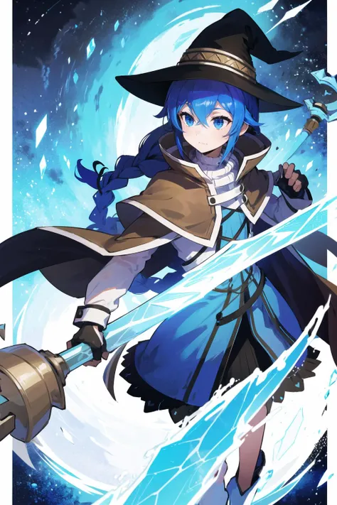 by aaron horkey, roxy migurdia, 1girl, bangs, black headwear, blue eyes, blue hair, braid, brown cape, cape, close-up, floating hair, hair between eyes, hat, long hair, ((ice magic, ice, holding magic staff, freezing, combat, epic)), tundra, snow, blizzard, aurora borealis, portrait, solo, witch hat, cinematic lighting, godrays <lora:roxyMigurdiaLora_offset:1>
