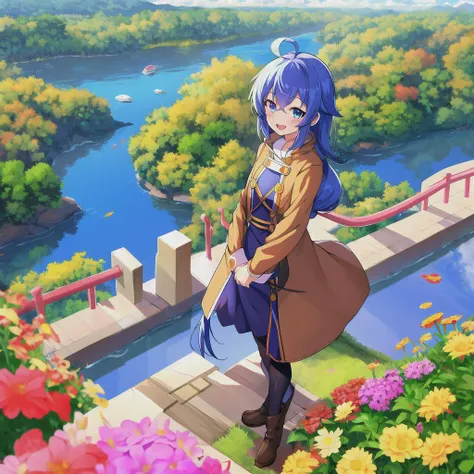 roxy migurdia, 1girl, ahoge, blue hair, bangs, brown coat, crossed bangs, hair between eyes, long hair, long sleeves, standing to the right, looking at viewer, open mouth, blue eyes, smile, solo, standing, nearby river, beautiful scenery, flowers, clouds, absurdres, highres, omagacchu, mushoku tensei <lora:roxyMigurdiaLora_offset:1>