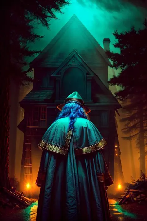night, photo of old house, post apocalypse, forest, storm weather, wind, rocks, 8k uhd, dslr, soft lighting, high quality, film grain, 200mm 1.4f macro shot, 1girl, standing, <lora:add_detail:1> <lora:OldEgyptAI:1> <lora:roxy_migurdia_offset:1> <lora:mazav1C:0.5>, roxy migurdia, 1girl, bangs, black headwear, hat, witch hat, blue eyes, blue hair, braid, brown cape, floating hair, hair between eyes, looking at viewer, ((portrait)), water drop, magic