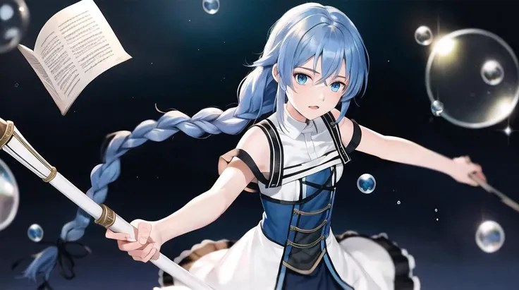1girl, solo, blue eyes, blue hair, braid, floating hair, hair between eyes, long hair, determined expression, magic uniform, bare shoulder, open mouth, spelling words, shouting, water balls, bubbles, flowing skirt, floating books, embroidered bodice, delicate lace, cowboy shot, holding magic short wand, straighten arm, bending down wrist, fantasy, isekai, female, masterpiece, Mushoku Tensei, roxy migurdia, <lora:roxyMigurdiaLora_offset:1>
