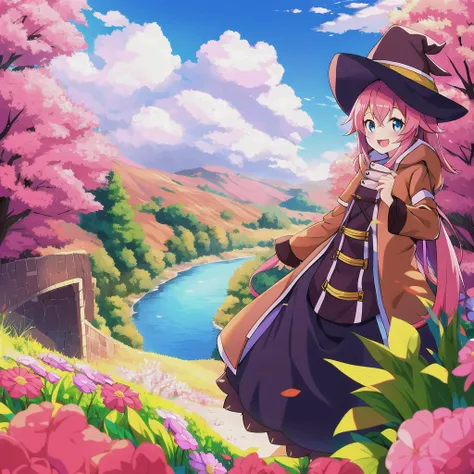 roxy migurdia, 1girl, ahoge, pink hair, bangs, brown coat, brown witch hat, crossed bangs, hair between eyes, long hair, long sleeves, standing to the right, looking at viewer, open mouth, blue eyes, smile, solo, standing, nearby river, beautiful scenery, flowers, clouds, absurdres, highres, omagacchu, mushoku tensei <lora:roxyMigurdiaLora_offset:1>
