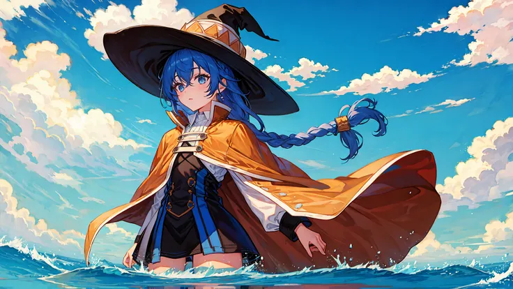 masterpiece, wallpaper, cowboy shot, solo,
<lora:roxyMigurdiaLora_offset:0.8>, roxy migurdia, 1girl, bangs, black headwear, blue eyes, blue hair, braid, single braid, brown cape, cape, close-up, floating hair, hair between eyes, hat, long hair, witch hat,
standing on liquid, clear water, reflective water, ripples,
blue sky, cloud,