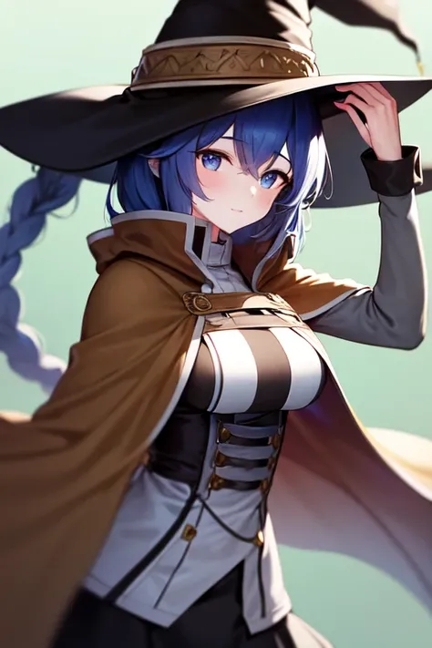 masterpiece, best quality, <lora:roxyMigurdiaLora_offset:0.8>, roxy migurdia, 1girl, bangs, black headwear,blue eyes, blue hair, braid, brown cape, cape, floating hair, hair between eyes, hat, long hair,witch hat, large