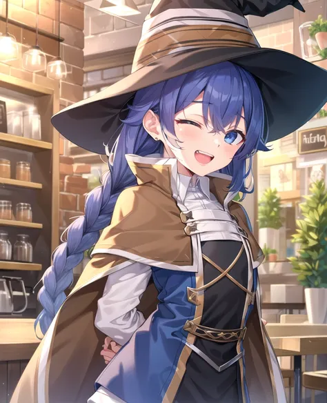 roxy migurdia, masterpiece, best quality, very detailed background, cafe, hands on own cheeks, open mouth, eyes closed, clenched teeth, smile, arms behind back, bangs, black headwear, blue eyes, blue hair, braid, brown cape, cape, hair between eyes, hat, long hair, witch hat