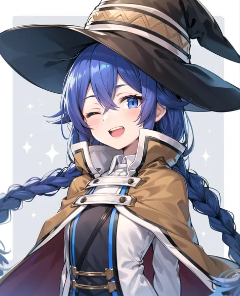 roxy migurdia, masterpiece, best quality, very detailed background, hands on own cheeks, open mouth, eyes closed, clenched teeth, smile, arms behind back, bangs, black headwear, blue eyes, blue hair, braid, brown cape, cape, floating hair, hair between eyes, hat, long hair, witch hat
